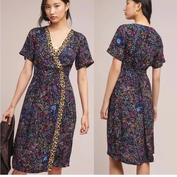 Anthropologie Dresses & Skirts - ANTHROPOLOGIE Maeve Morgan Black Floral + Leopard Print V-Neck Dress size 0